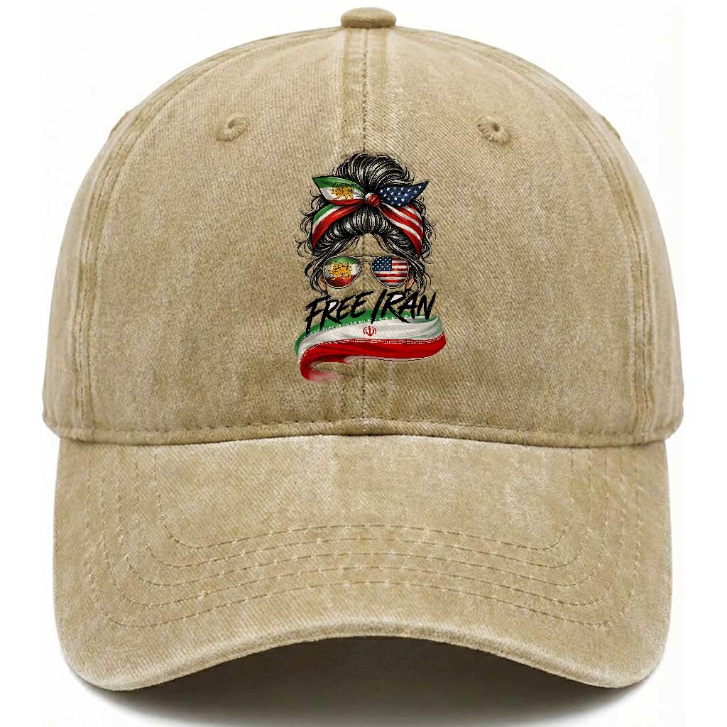Free Iran Washed Cotton Baseball Cap Persian American Pride Lion Sun Flag Messy Bun TS10 Washed Cap Universal Fit Khaki Print Your Wear