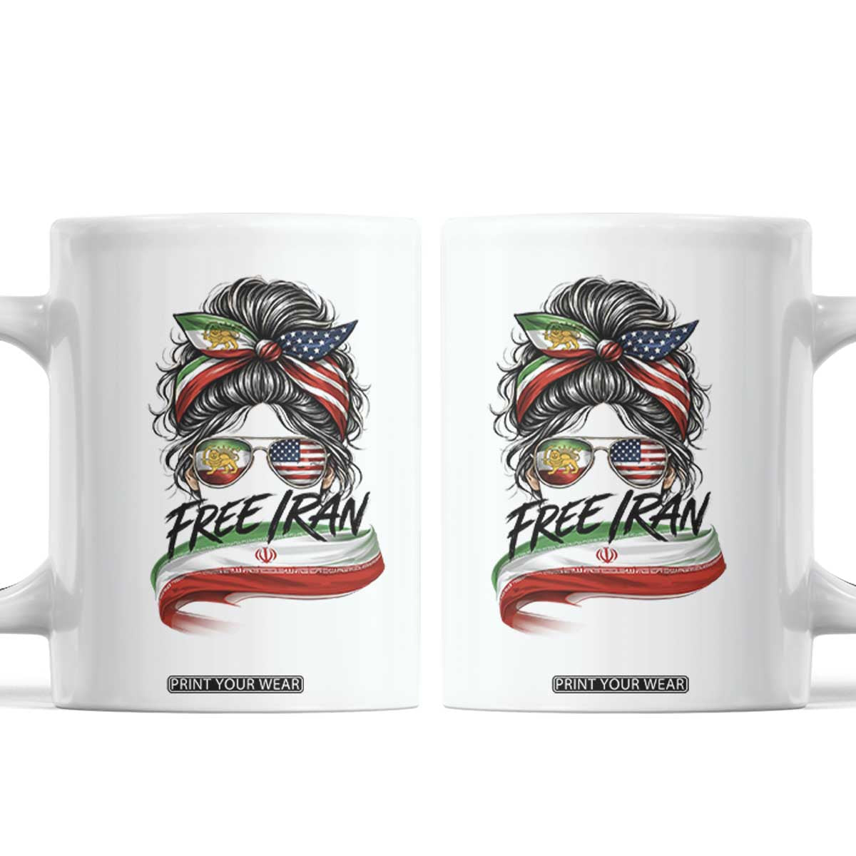 Free Iran Coffee Mug Persian American Pride Lion Sun Flag Messy Bun TS10 White Print Your Wear