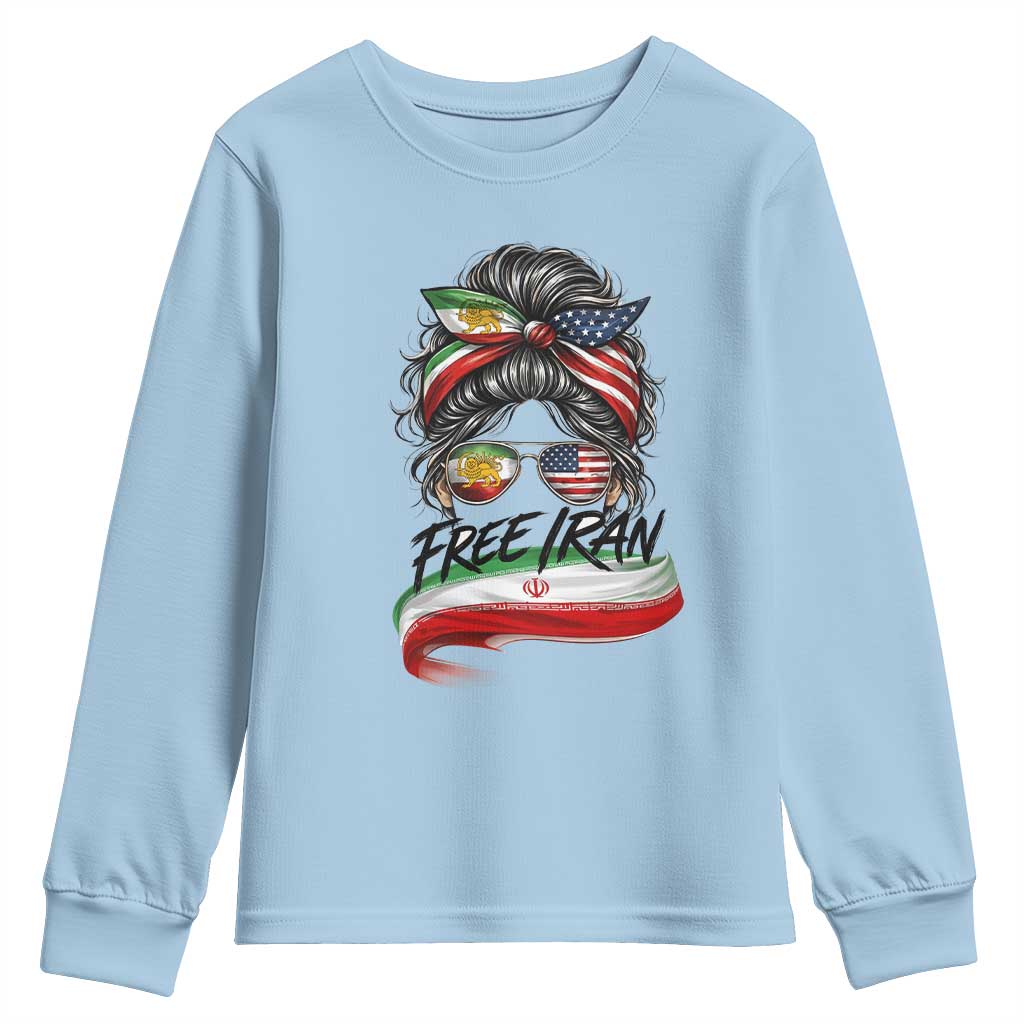 Free Iran Youth Sweatshirt Persian American Pride Lion Sun Flag Messy Bun TS10 Light Blue Print Your Wear