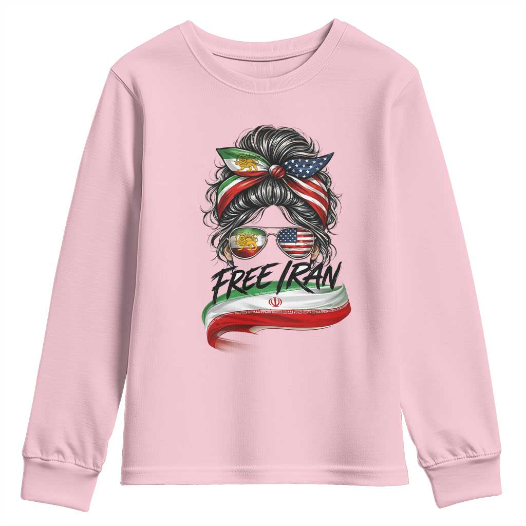 Free Iran Youth Sweatshirt Persian American Pride Lion Sun Flag Messy Bun TS10 Light Pink Print Your Wear