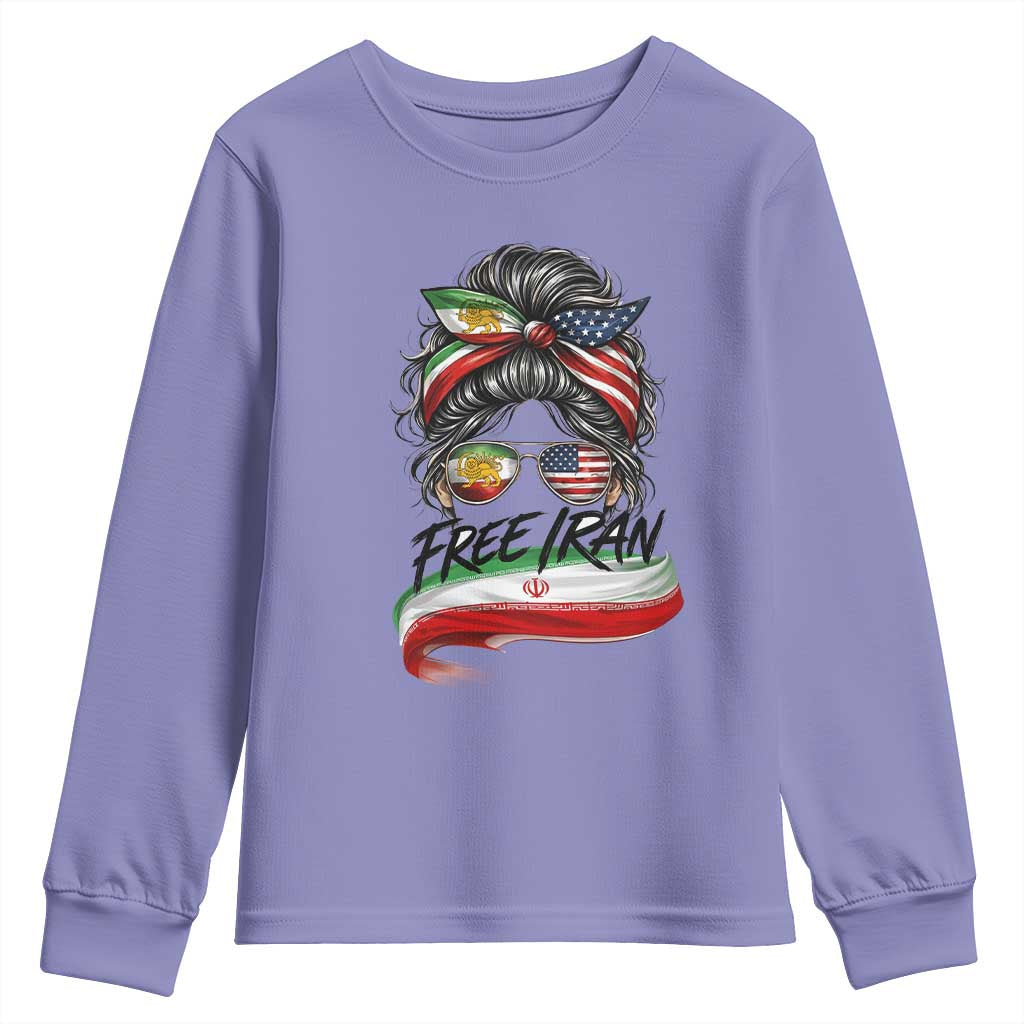 Free Iran Youth Sweatshirt Persian American Pride Lion Sun Flag Messy Bun TS10 Violet Print Your Wear