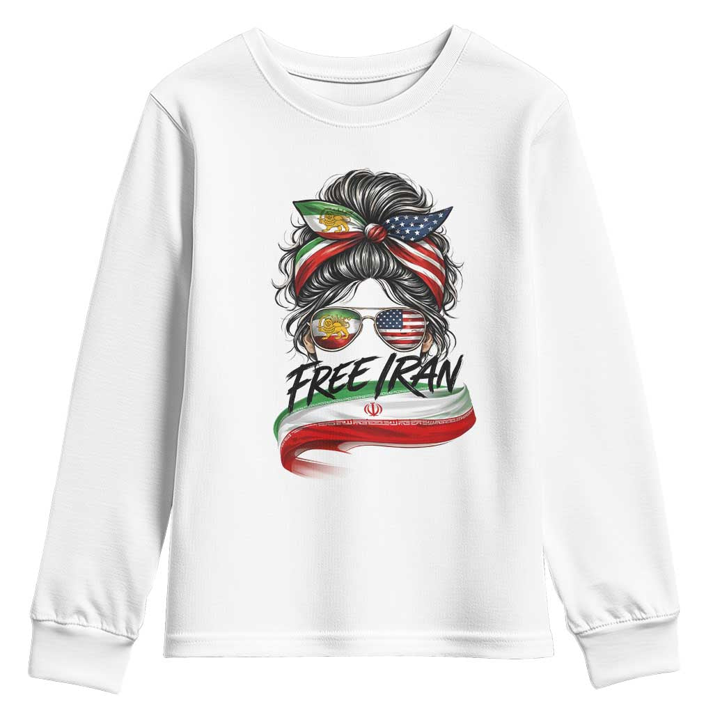 Free Iran Youth Sweatshirt Persian American Pride Lion Sun Flag Messy Bun TS10 White Print Your Wear