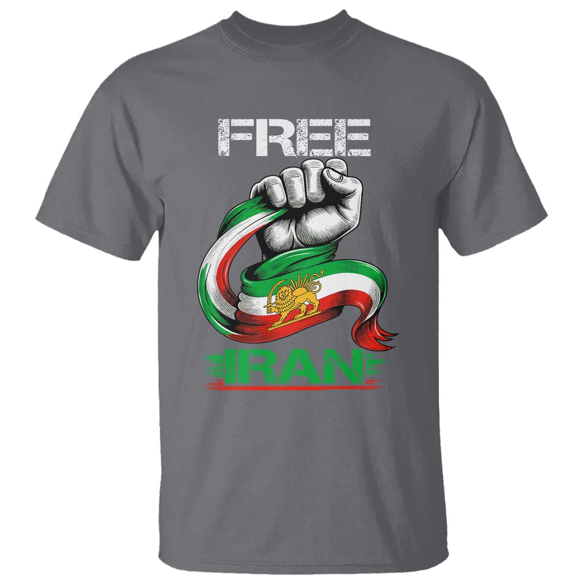 Free Iran T Shirt Iran Lion Sun Flag Fist TS10 Charcoal Print Your Wear