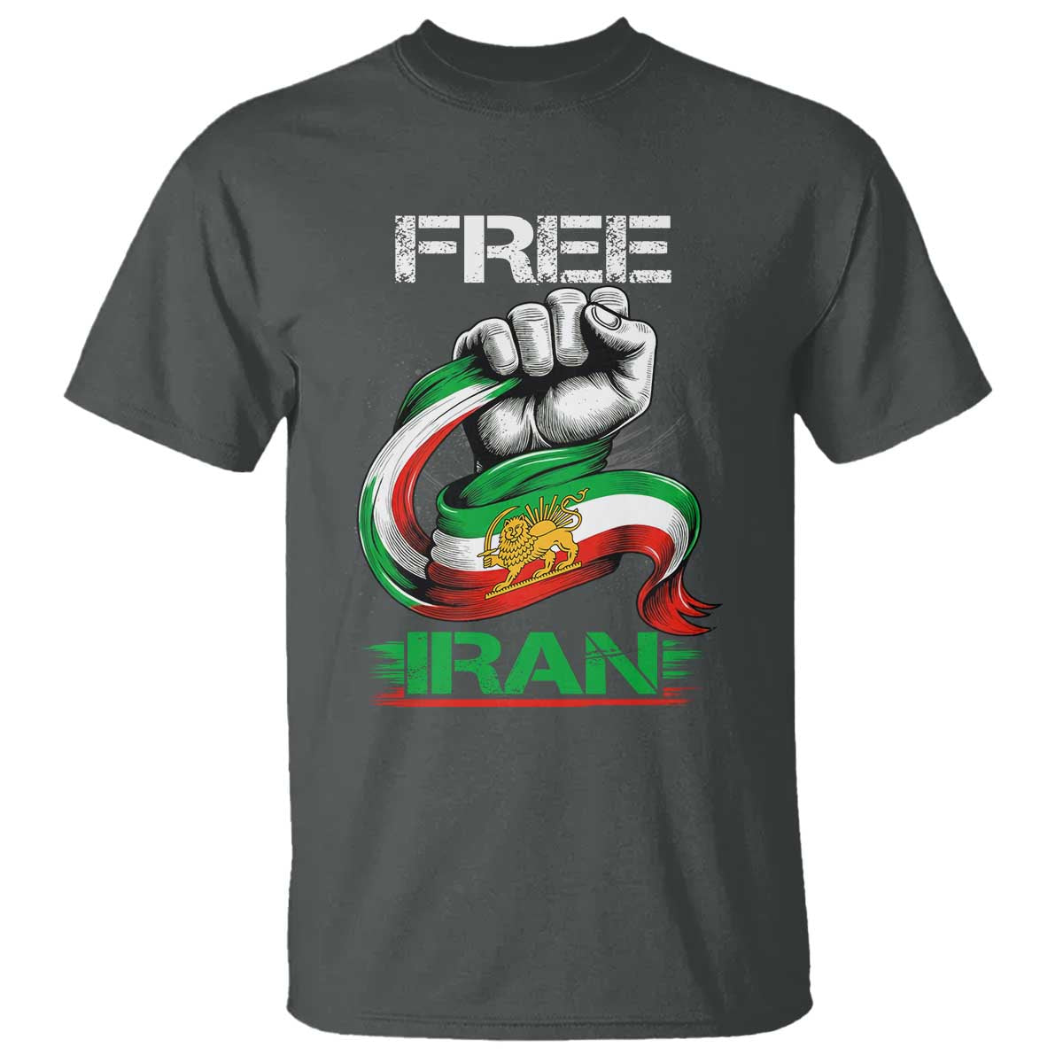 Free Iran T Shirt Iran Lion Sun Flag Fist TS10 Dark Heather Print Your Wear