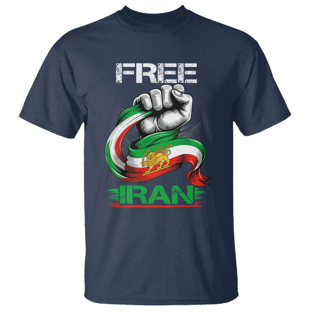 Free Iran T Shirt Iran Lion Sun Flag Fist TS10 Navy Print Your Wear