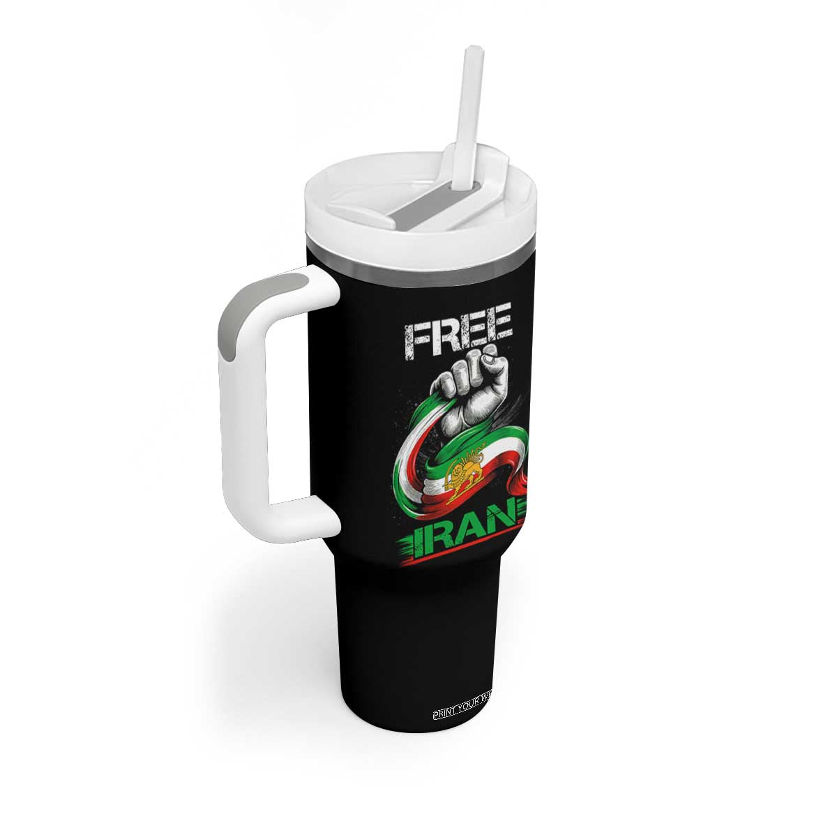 Free Iran Tumbler With Handle Iran Lion Sun Flag Fist TS10 Print Your Wear