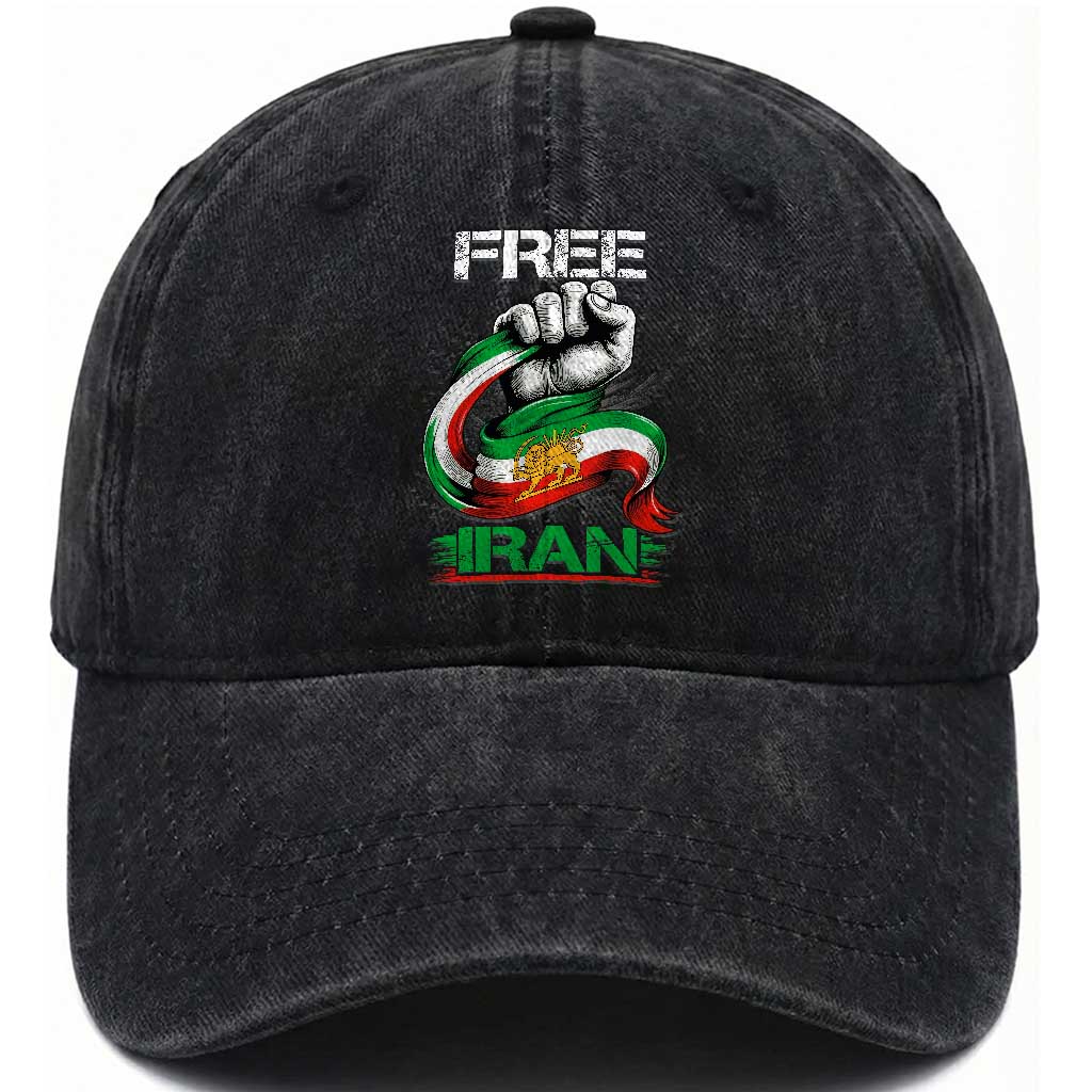 Free Iran Washed Cotton Baseball Cap Iran Lion Sun Flag Fist TS10 Washed Cap Universal Fit Black Print Your Wear