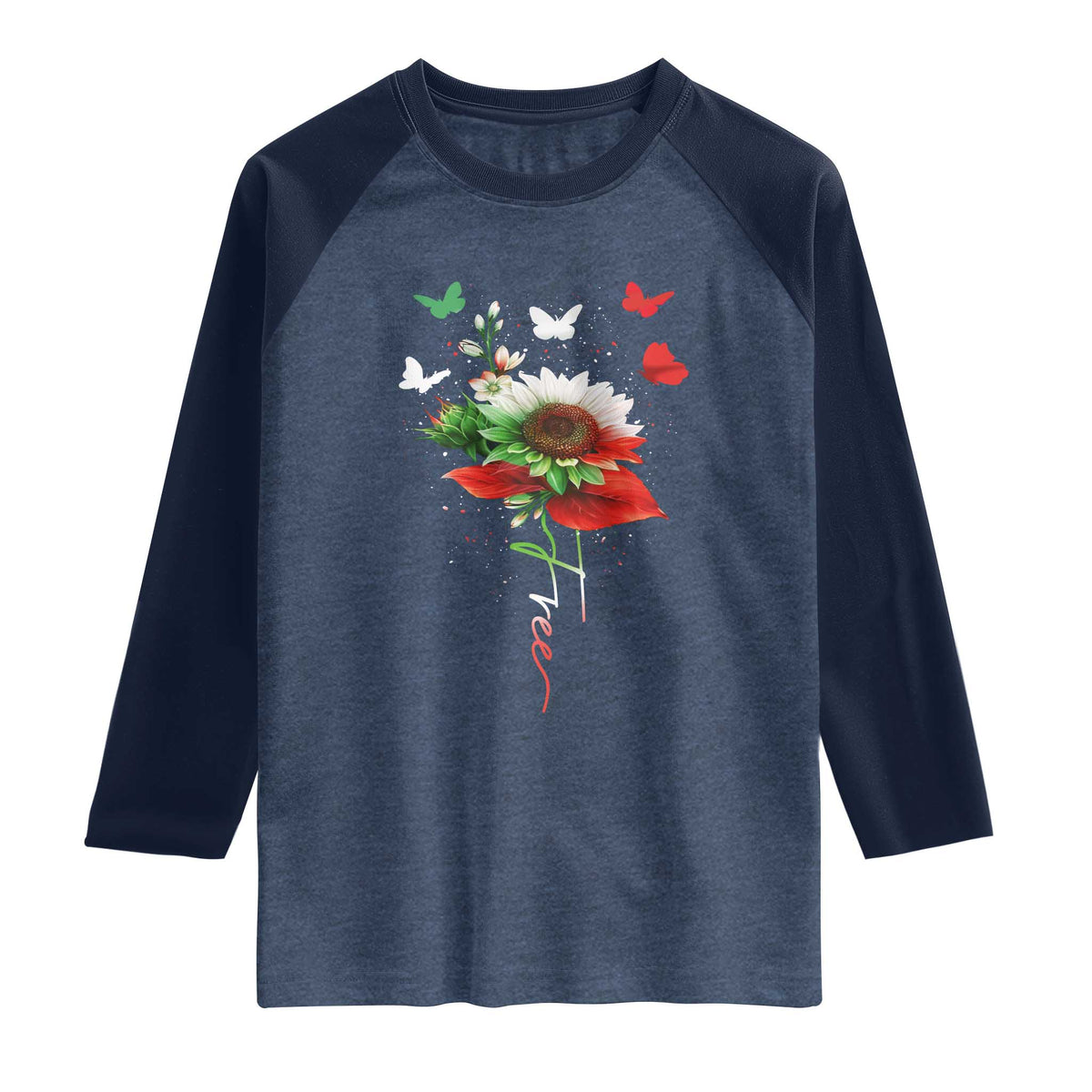 Free Iran Protest Raglan Shirt Sunflower Flag TS10 Heather Denim Navy Print Your Wear
