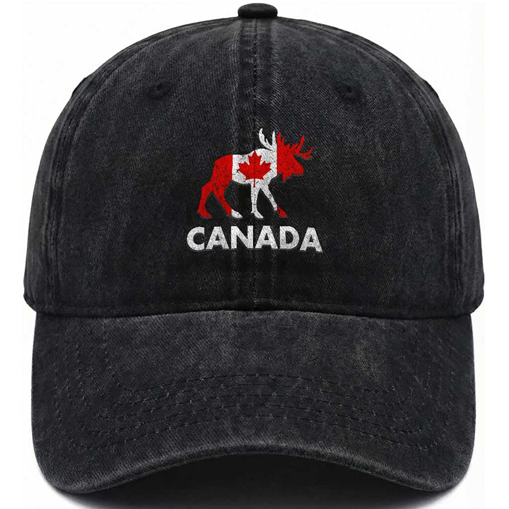 Canada Moose Maple Leaf Washed Cotton Baseball Cap Canadian Pride TS10 Washed Cap Universal Fit Black Print Your Wear