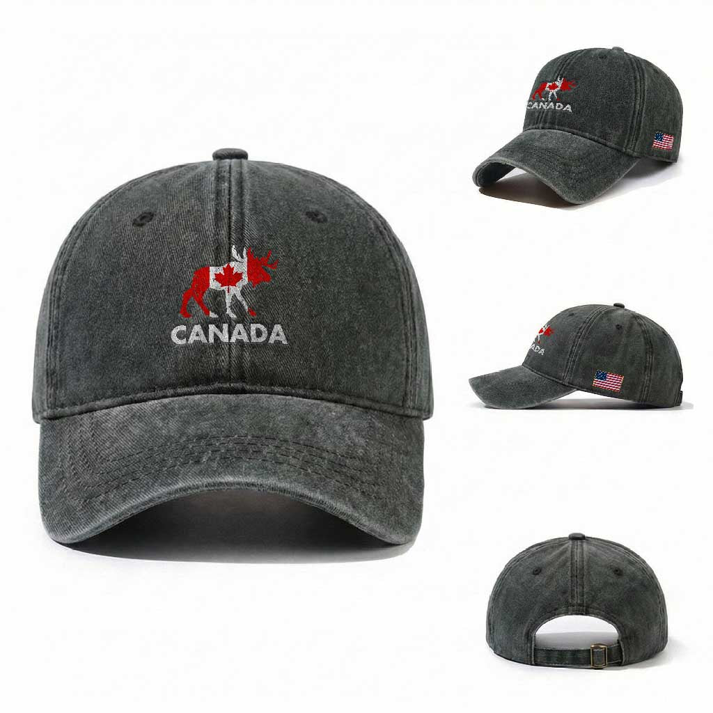 Canada Moose Maple Leaf Washed Cotton Baseball Cap Canadian Pride TS10 Washed Cap Universal Fit Dark Green Print Your Wear