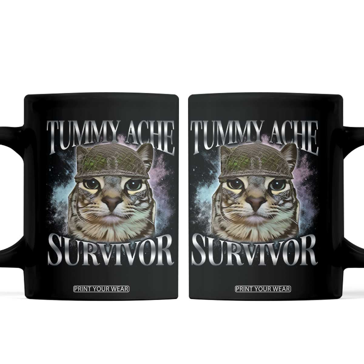 Tummy Ache Survivor Cat Meme Coffee Mug Vintage 90s Graphic Funny Stomach Issues Bootleg TS10 Black Print Your Wear