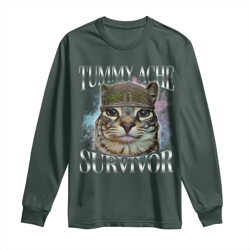 Tummy Ache Survivor Cat Meme Long Sleeve Shirt Vintage 90s Graphic Funny Stomach Issues Bootleg TS10 Dark Forest Green Print Your Wear