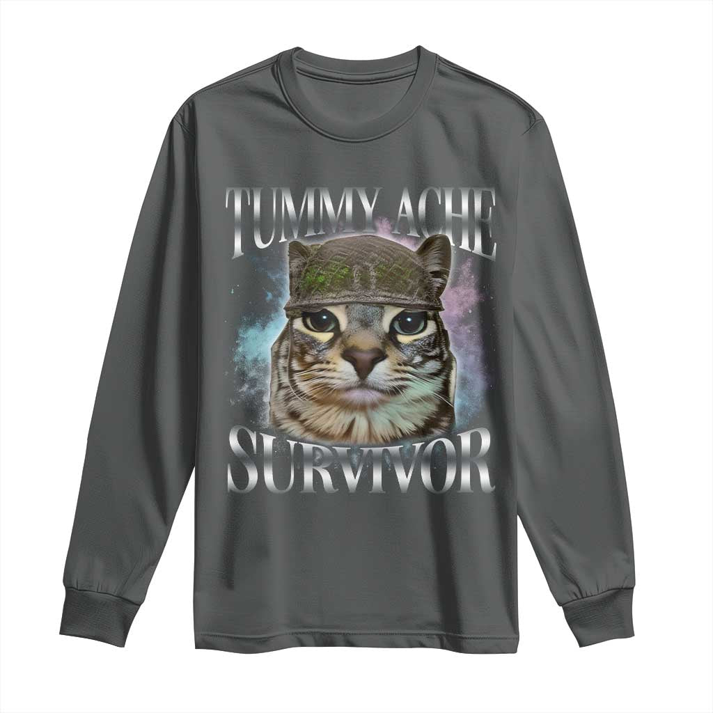 Tummy Ache Survivor Cat Meme Long Sleeve Shirt Vintage 90s Graphic Funny Stomach Issues Bootleg TS10 Dark Heather Print Your Wear