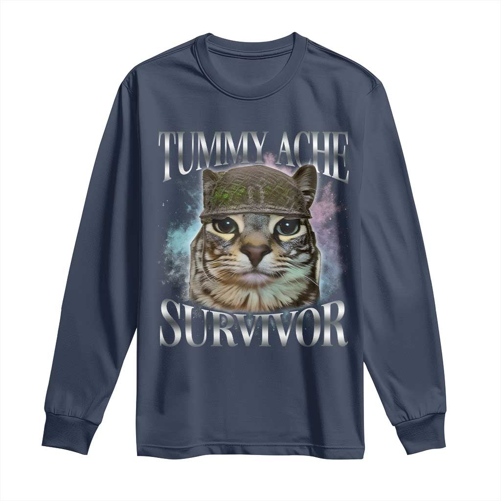 Tummy Ache Survivor Cat Meme Long Sleeve Shirt Vintage 90s Graphic Funny Stomach Issues Bootleg TS10 Navy Print Your Wear