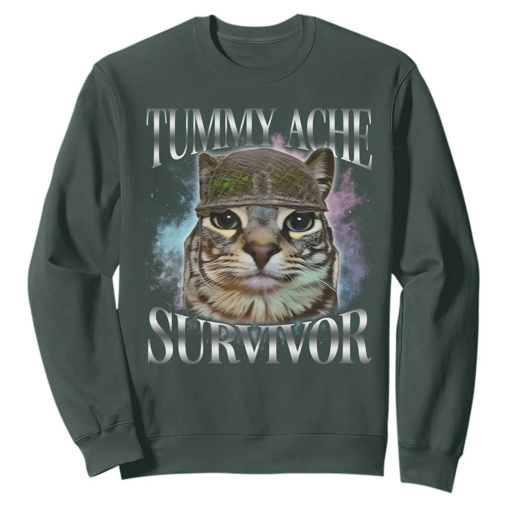Tummy Ache Survivor Cat Meme Sweatshirt Vintage 90s Graphic Funny Stomach Issues Bootleg TS10 Dark Forest Green Print Your Wear