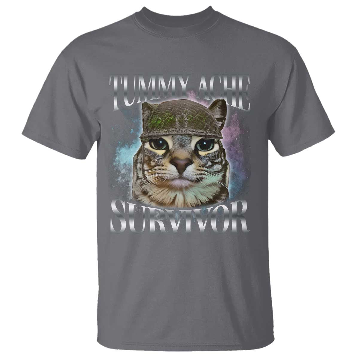 Tummy Ache Survivor Cat Meme T Shirt Vintage 90s Graphic Funny Stomach Issues Bootleg TS10 Charcoal Print Your Wear