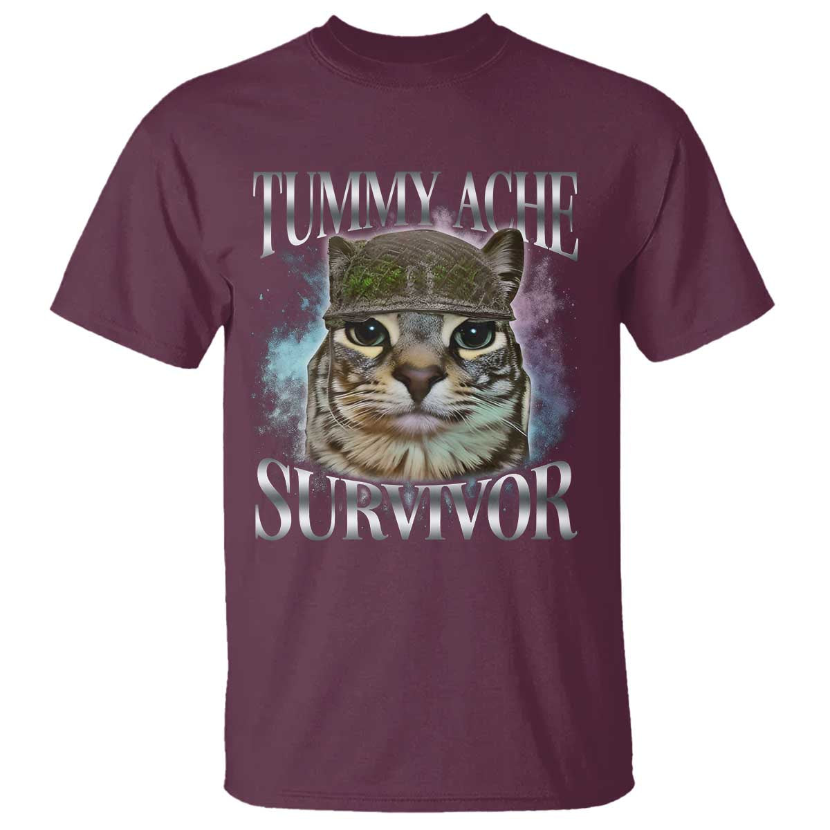 Tummy Ache Survivor Cat Meme T Shirt Vintage 90s Graphic Funny Stomach Issues Bootleg TS10 Maroon Print Your Wear