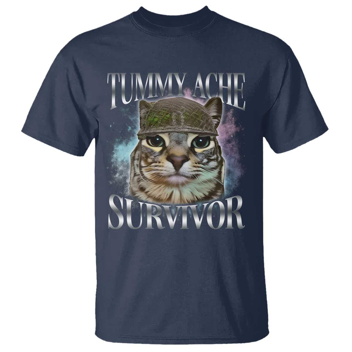 Tummy Ache Survivor Cat Meme T Shirt Vintage 90s Graphic Funny Stomach Issues Bootleg TS10 Navy Print Your Wear