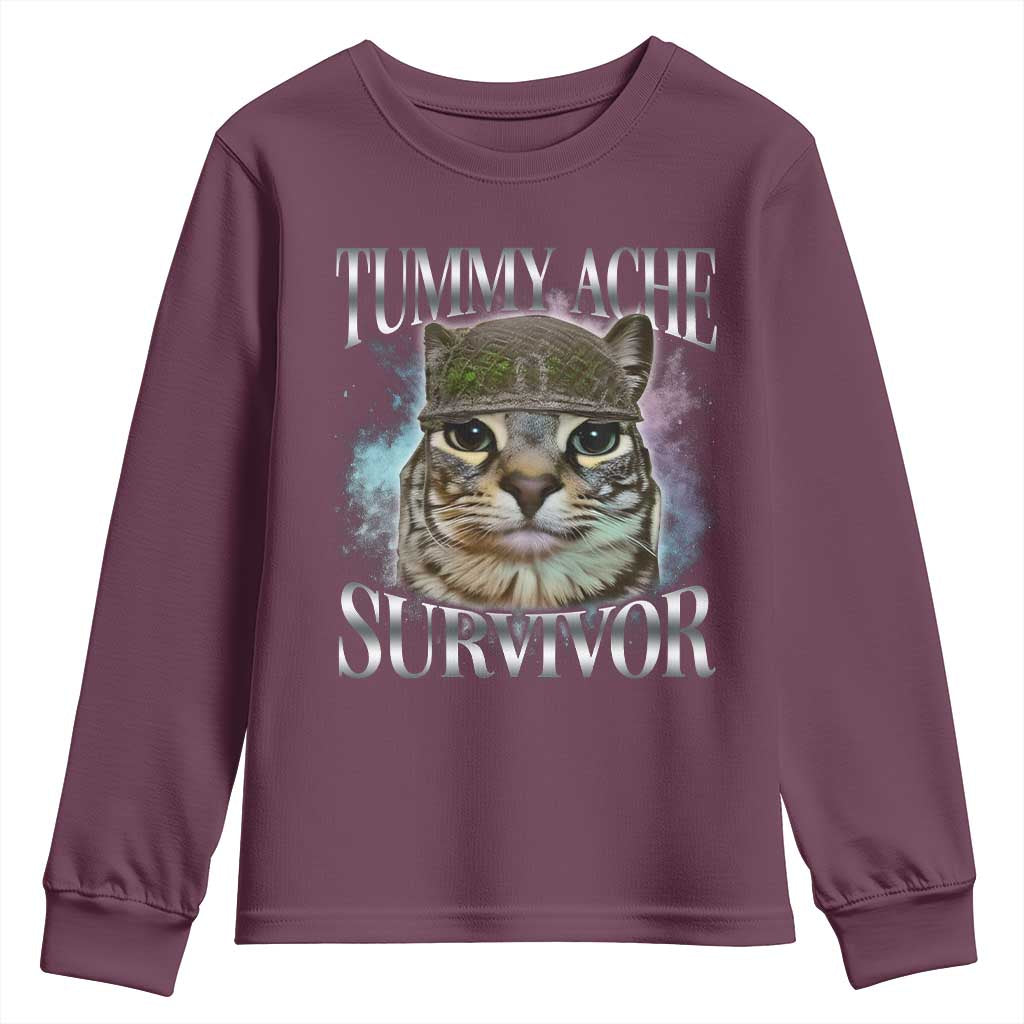 Tummy Ache Survivor Cat Meme Youth Sweatshirt Vintage 90s Graphic Funny Stomach Issues Bootleg TS10 Maroon Print Your Wear