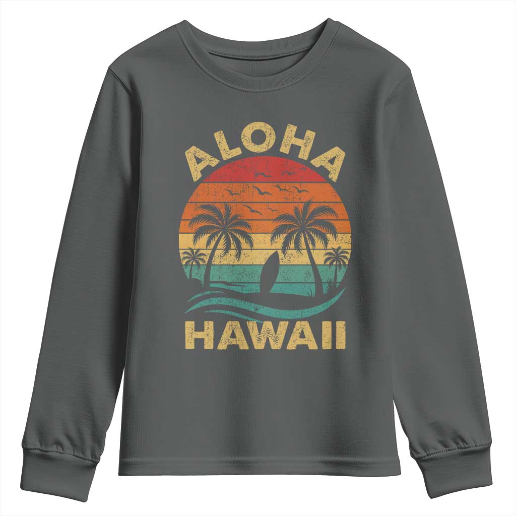 Aloha Hawaii Youth Sweatshirt Retro Hawaiian Island Palm Beach Surfboard Surf TS10 Dark Heather Print Your Wear