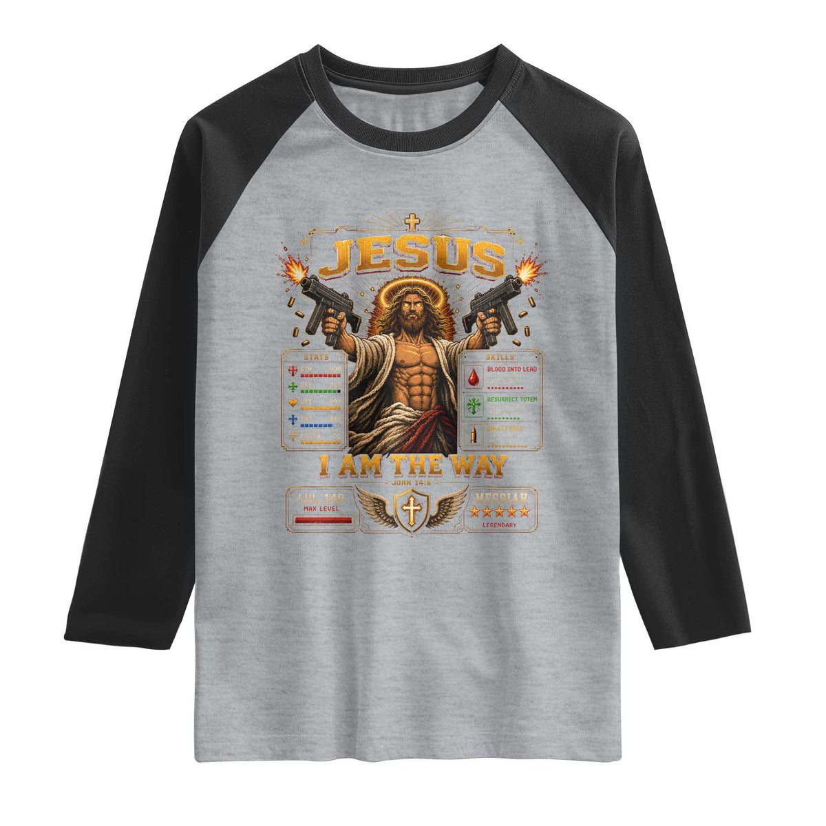 Jesus I Am the Way Character Stats RPG Books Raglan Shirt TS10 Heather Gray Black Print Your Wear
