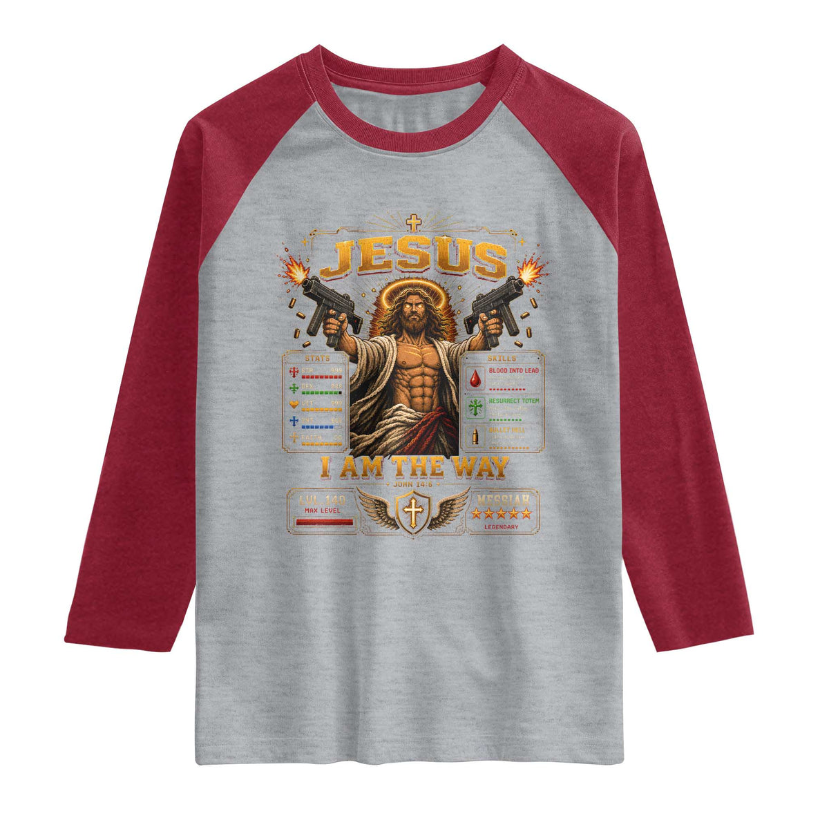 Jesus I Am the Way Character Stats RPG Books Raglan Shirt TS10 Heather Gray Heather Red Print Your Wear