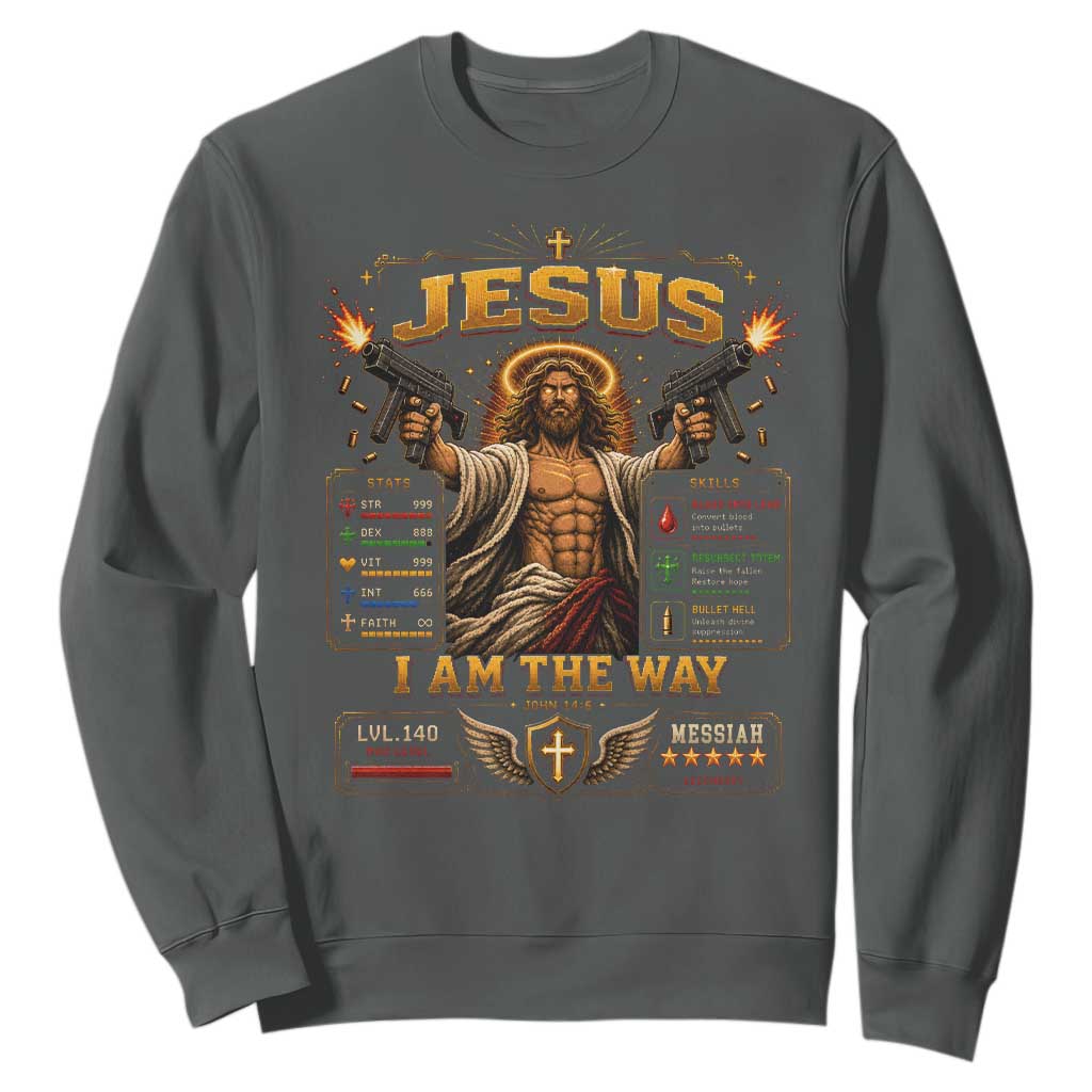 Jesus I Am the Way Character Stats RPG Books Sweatshirt TS10 Dark Heather Print Your Wear