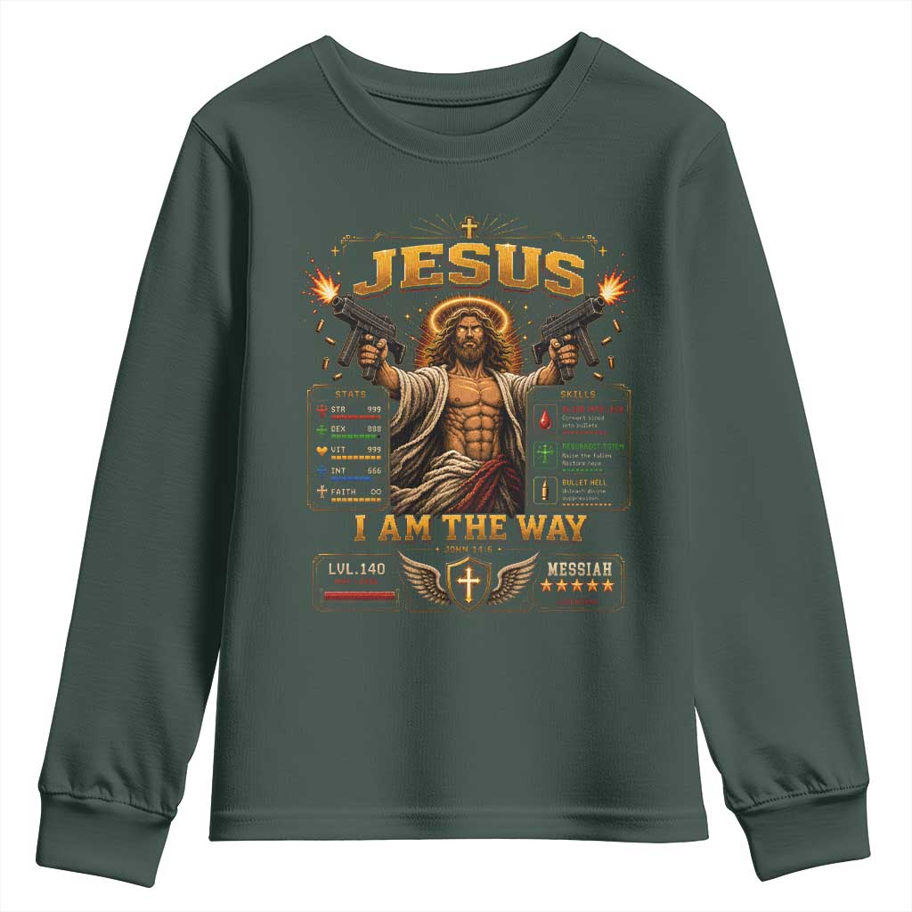 Jesus I Am the Way Character Stats RPG Books Youth Sweatshirt TS10 Dark Forest Green Print Your Wear
