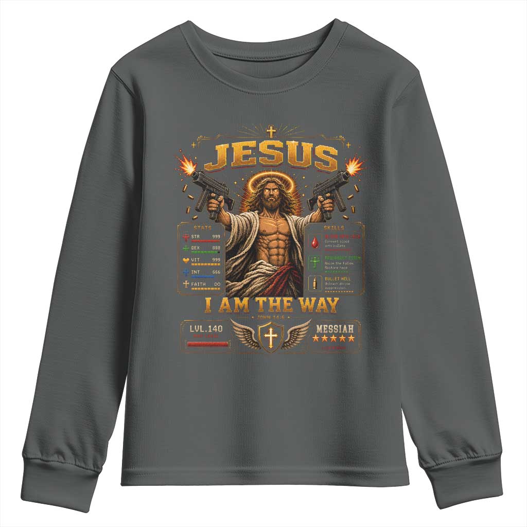 Jesus I Am the Way Character Stats RPG Books Youth Sweatshirt TS10 Dark Heather Print Your Wear