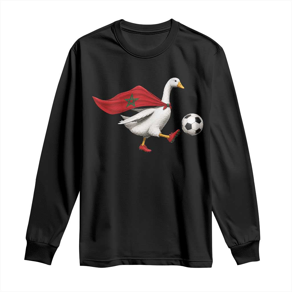 Morocco Soccer Long Sleeve Shirt Funny Goose Wearing Moroccan Flag Patriotic Football Fan Graphic TS10 Black Print Your Wear