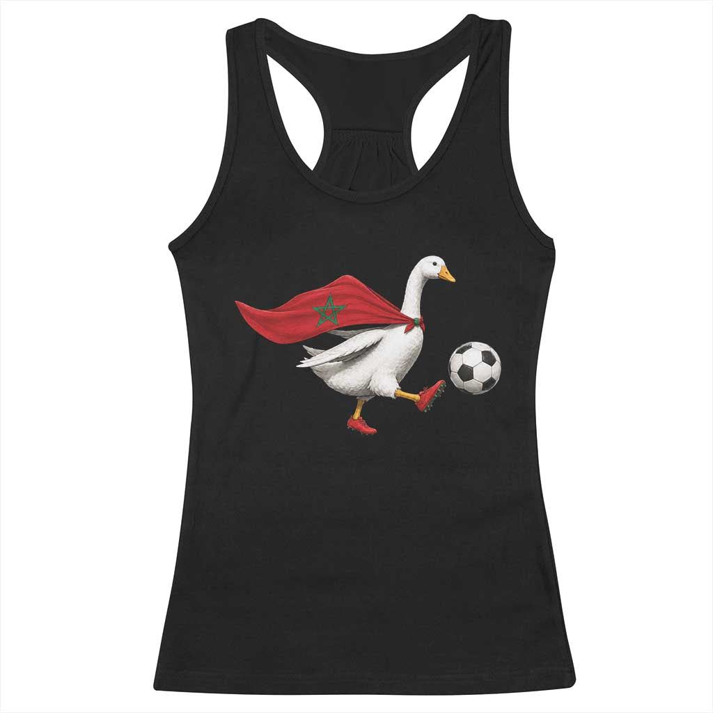 Morocco Soccer Racerback Tank Top Funny Goose Wearing Moroccan Flag Patriotic Football Fan Graphic TS10 Black Print Your Wear