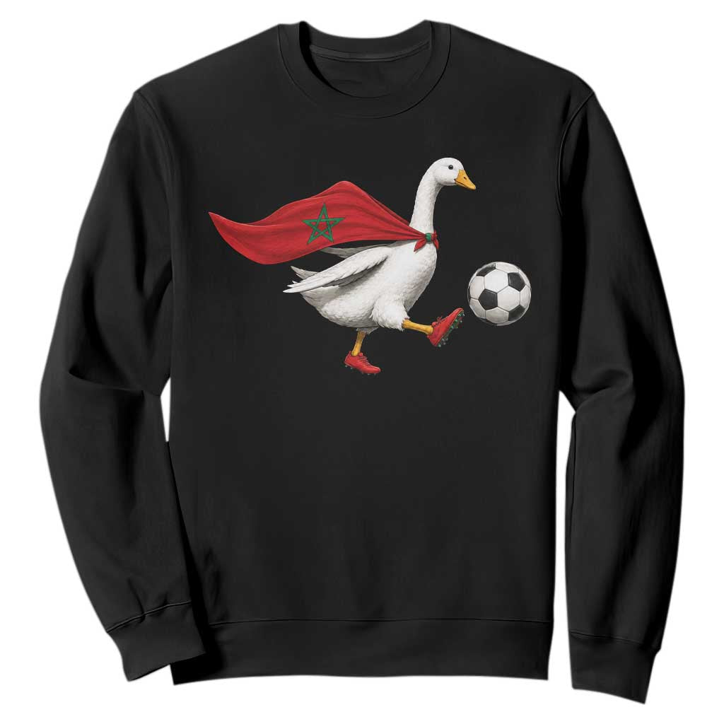 Morocco Soccer Sweatshirt Funny Goose Wearing Moroccan Flag Patriotic Football Fan Graphic TS10 Black Print Your Wear