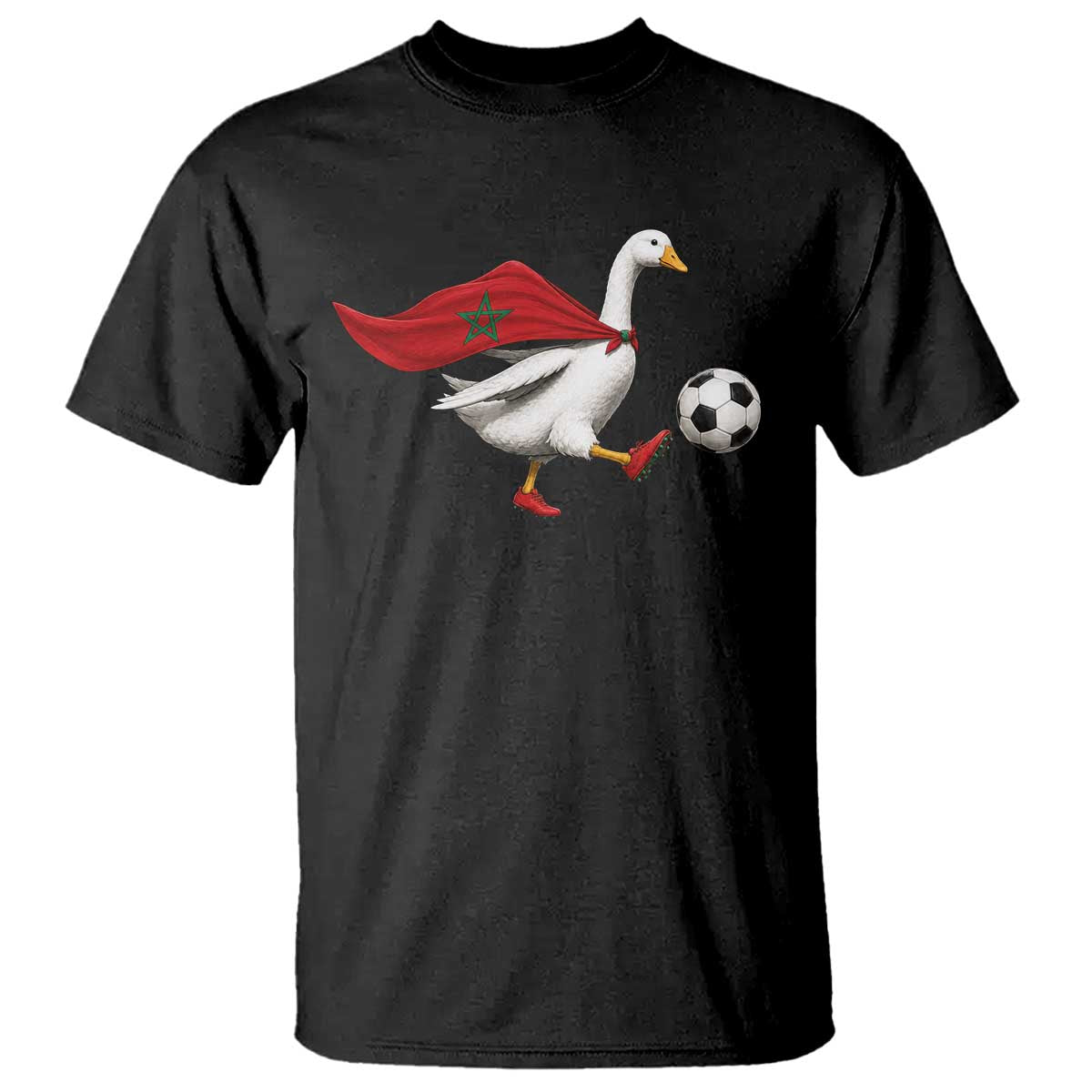 Morocco Soccer T Shirt Funny Goose Wearing Moroccan Flag Patriotic Football Fan Graphic TS10 Black Print Your Wear