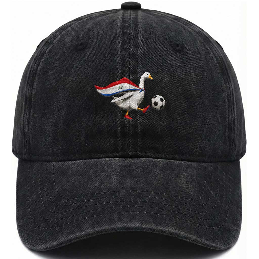Funny Paraguay Soccer Washed Cotton Baseball Cap Goose Wearing Paraguayan Flag Patriotic Football Fan Graphic TS10 Print Your Wear