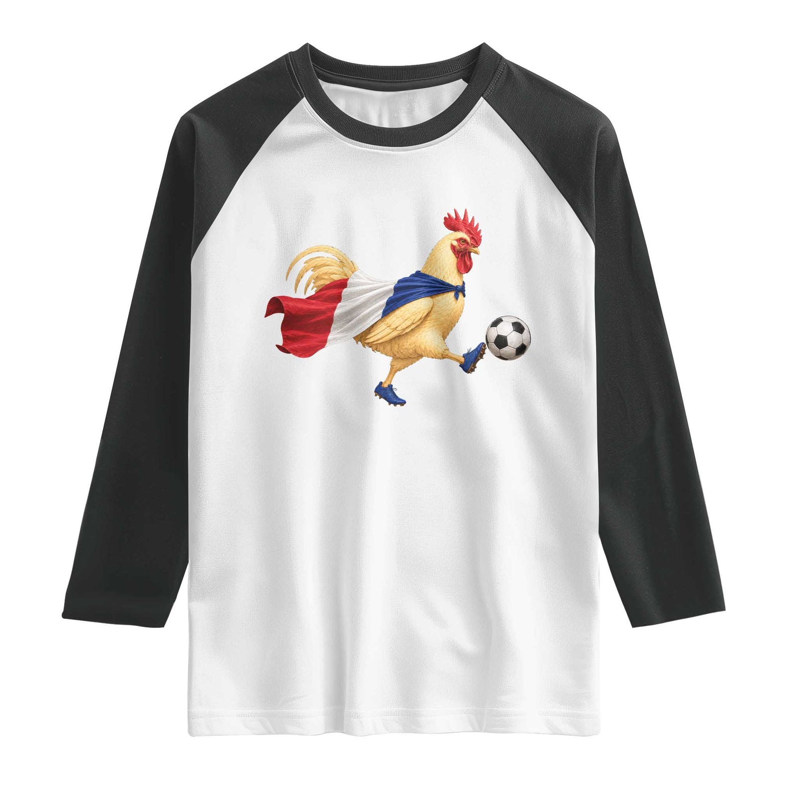 Funny France Soccer Raglan Shirt Rooster Wearing French Flag Patriotic Football Fan Graphic TS10 White Black Print Your Wear