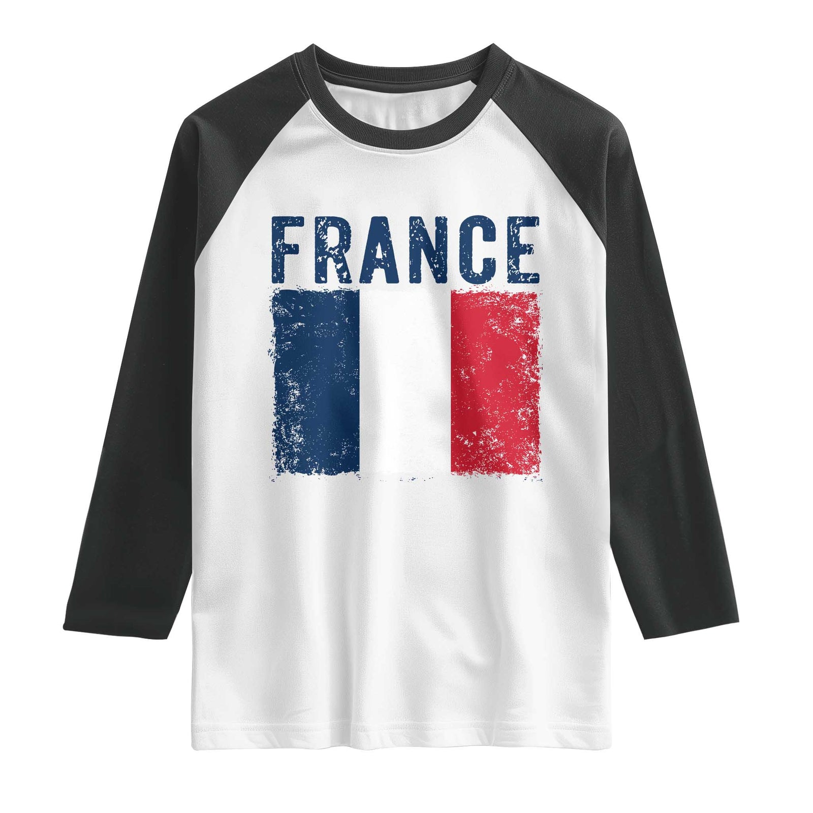 Vintage France Flag Distressed French Pride Patriotic Soccer Fan Graphic Raglan Shirt TS10 White Black Print Your Wear