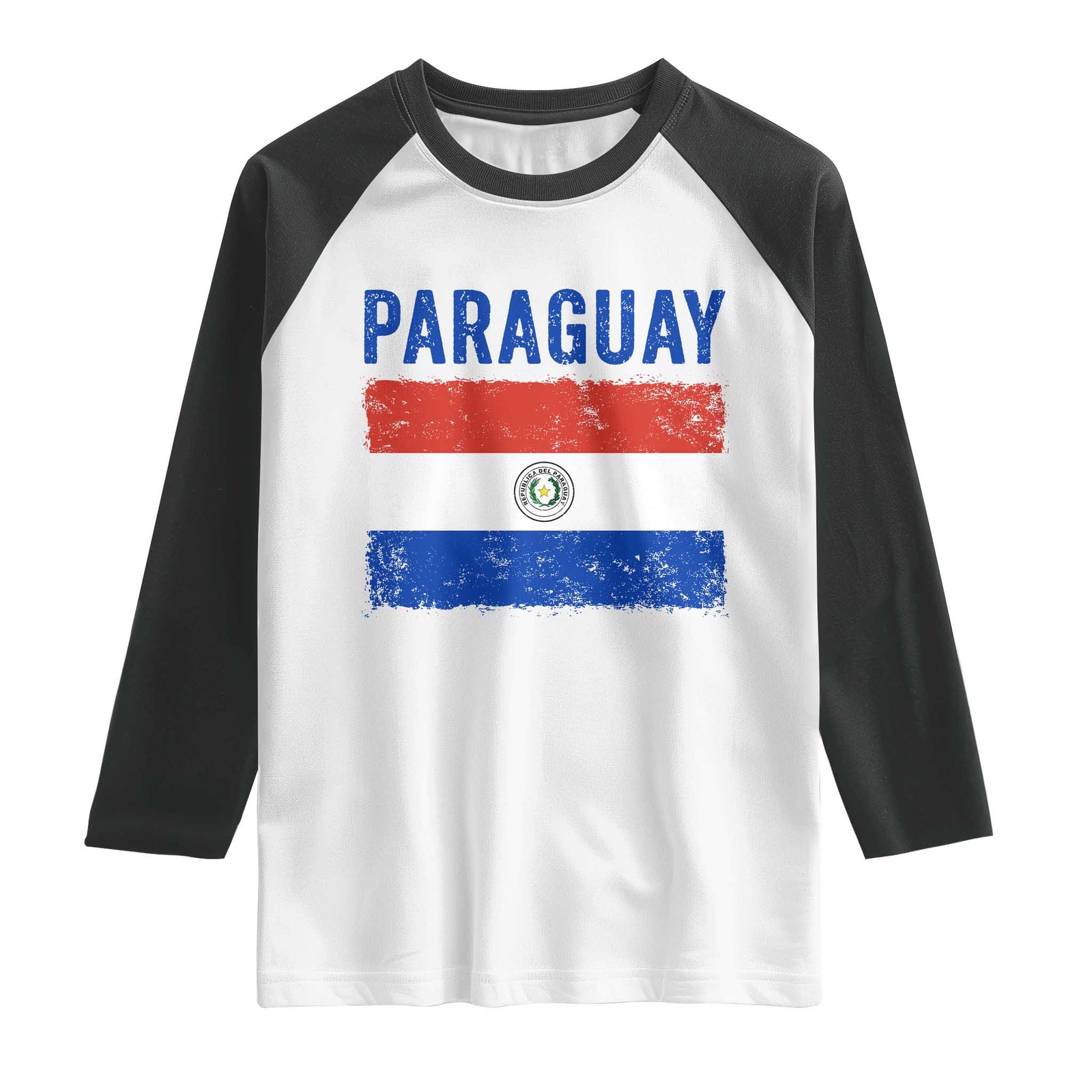 Vintage Paraguay Flag Distressed Paraguayan Pride Patriotic Soccer Fan Graphic Raglan Shirt TS10 White Black Print Your Wear