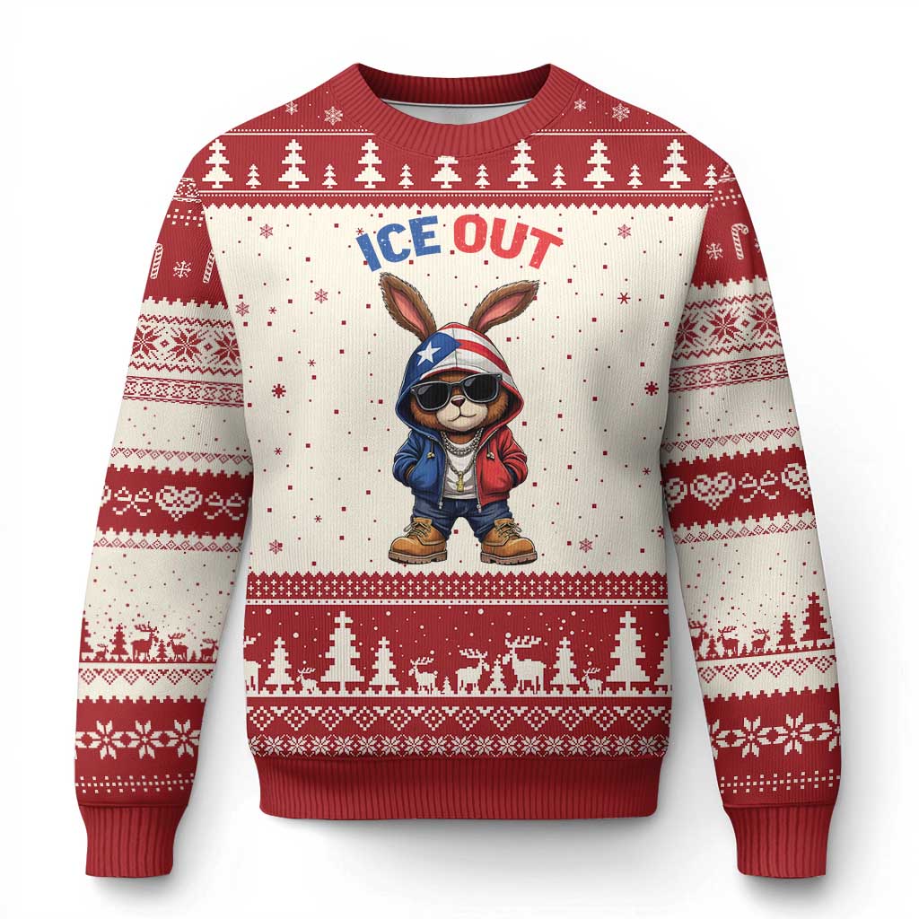 Cool Bunny Ice Out Ugly Christmas Sweater Puerto Rican Flag Hoodie Outfit Vibes Boricua TS10 Beige Red Print Your Wear