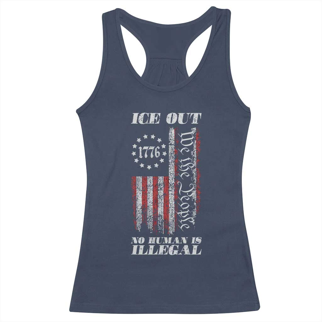 Ice Out No Human Is Illegal Racerback Tank Top Vintage Old 1776 US Flag TS10 Navy Print Your Wear