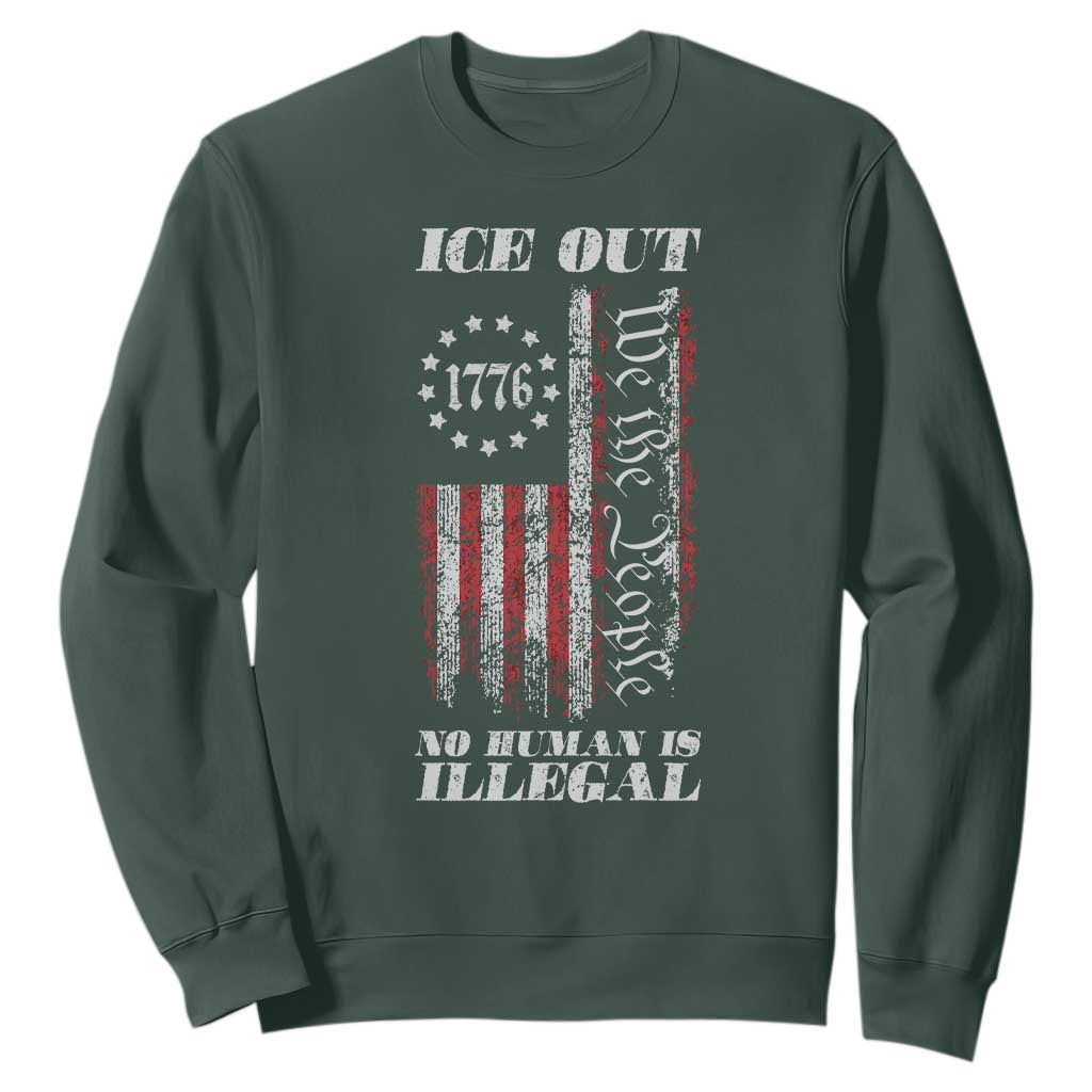Ice Out No Human Is Illegal Sweatshirt Vintage Old 1776 US Flag TS10 Dark Forest Green Print Your Wear