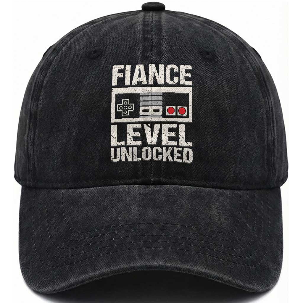 Leveled Fiance Unlocked Washed Cotton Baseball Cap Engagement Gift For Fiancé Bachelor Party TS10 Washed Cap Universal Fit Black Print Your Wear