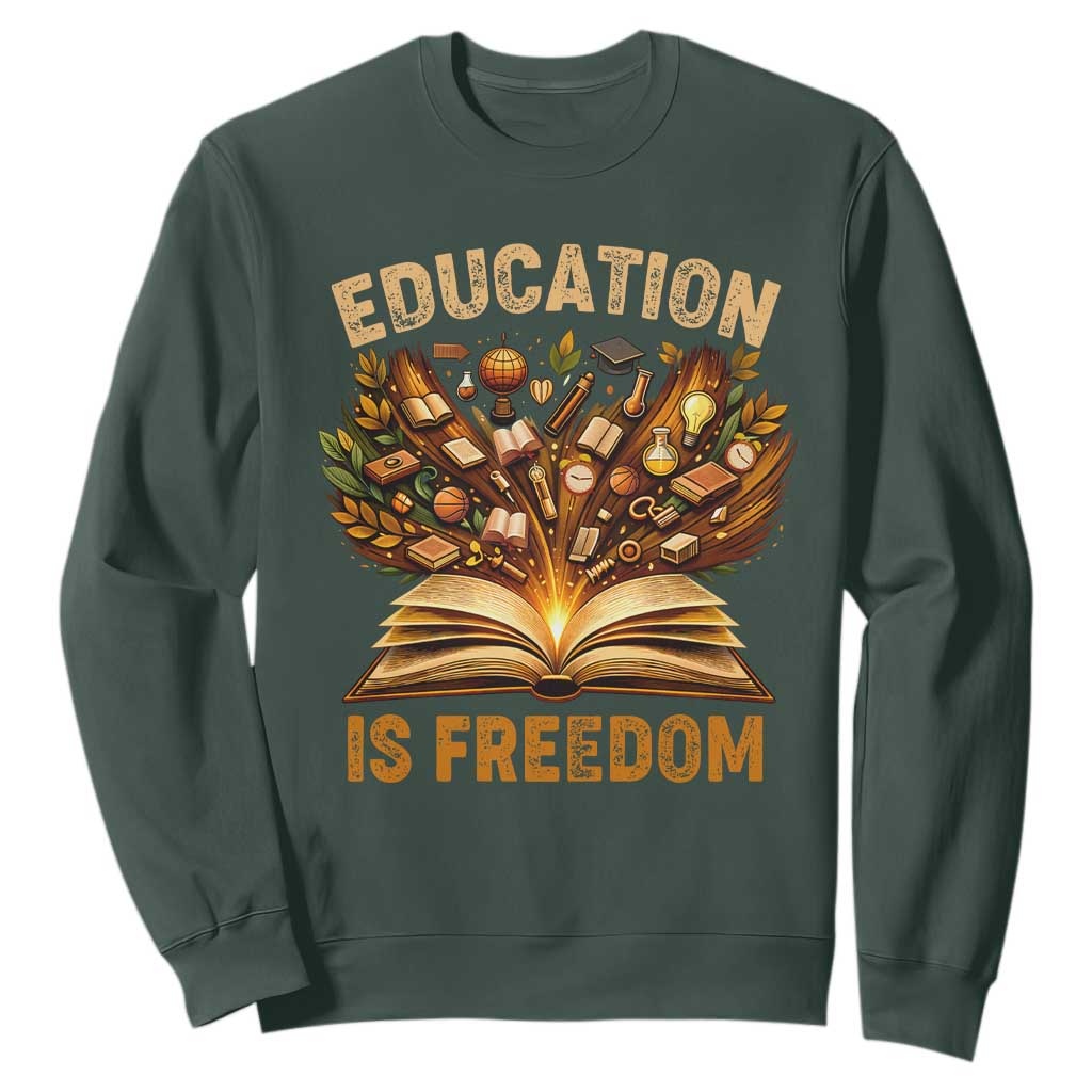 Black History Education Is Freedom Sweatshirt Retro Books Afro African American Heritage TS10 Dark Forest Green Print Your Wear