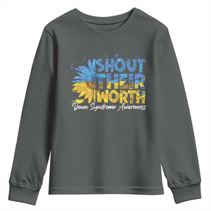 Down Syndrome Awareness Sunflower Youth Sweatshirt Shout Their Worth TS10 Dark Heather Print Your Wear