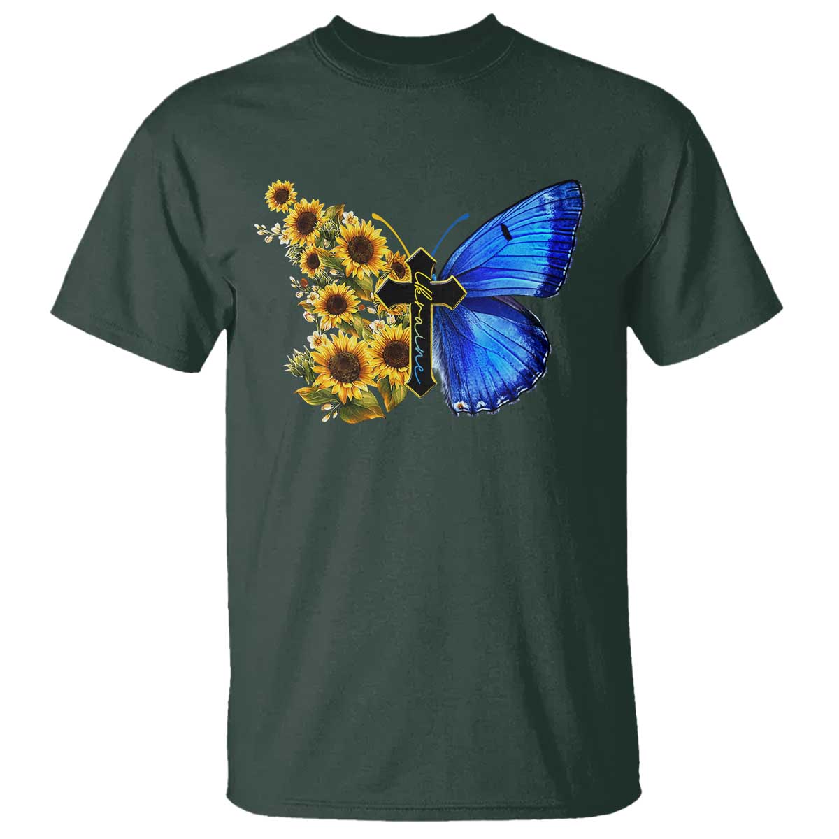 Sunflower Butterfly Ukraine Flag T Shirt TS10 Dark Forest Green Print Your Wear
