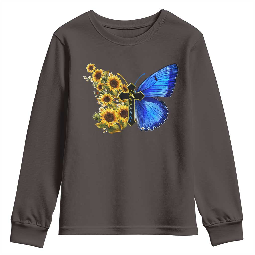 Sunflower Butterfly Ukraine Flag Youth Sweatshirt TS10 Dark Chocolate Print Your Wear