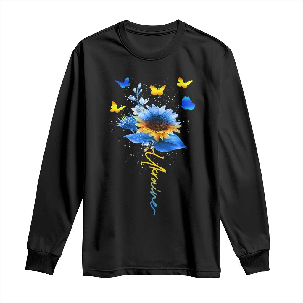 Sunflower Ukraine Flag Long Sleeve Shirt Ukrainian Butterflies Flowers TS10 Black Print Your Wear