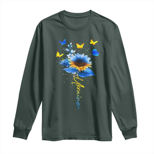 Sunflower Ukraine Flag Long Sleeve Shirt Ukrainian Butterflies Flowers TS10 Dark Forest Green Print Your Wear