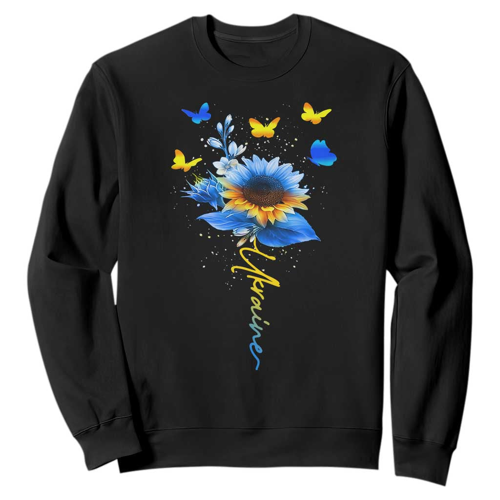 Sunflower Ukraine Flag Sweatshirt - Ukrainian Butterflies Flowers Solidarity Support Pullover TS10 Black Print Your Wear