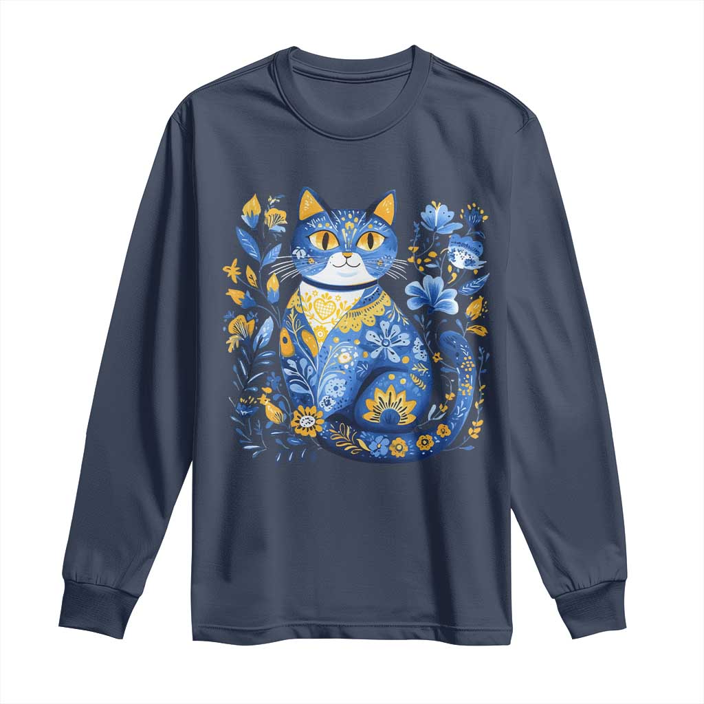 Ukraine Cat Floral Vintage Ukrainian Flag Long Sleeve Shirt TS10 Navy Print Your Wear