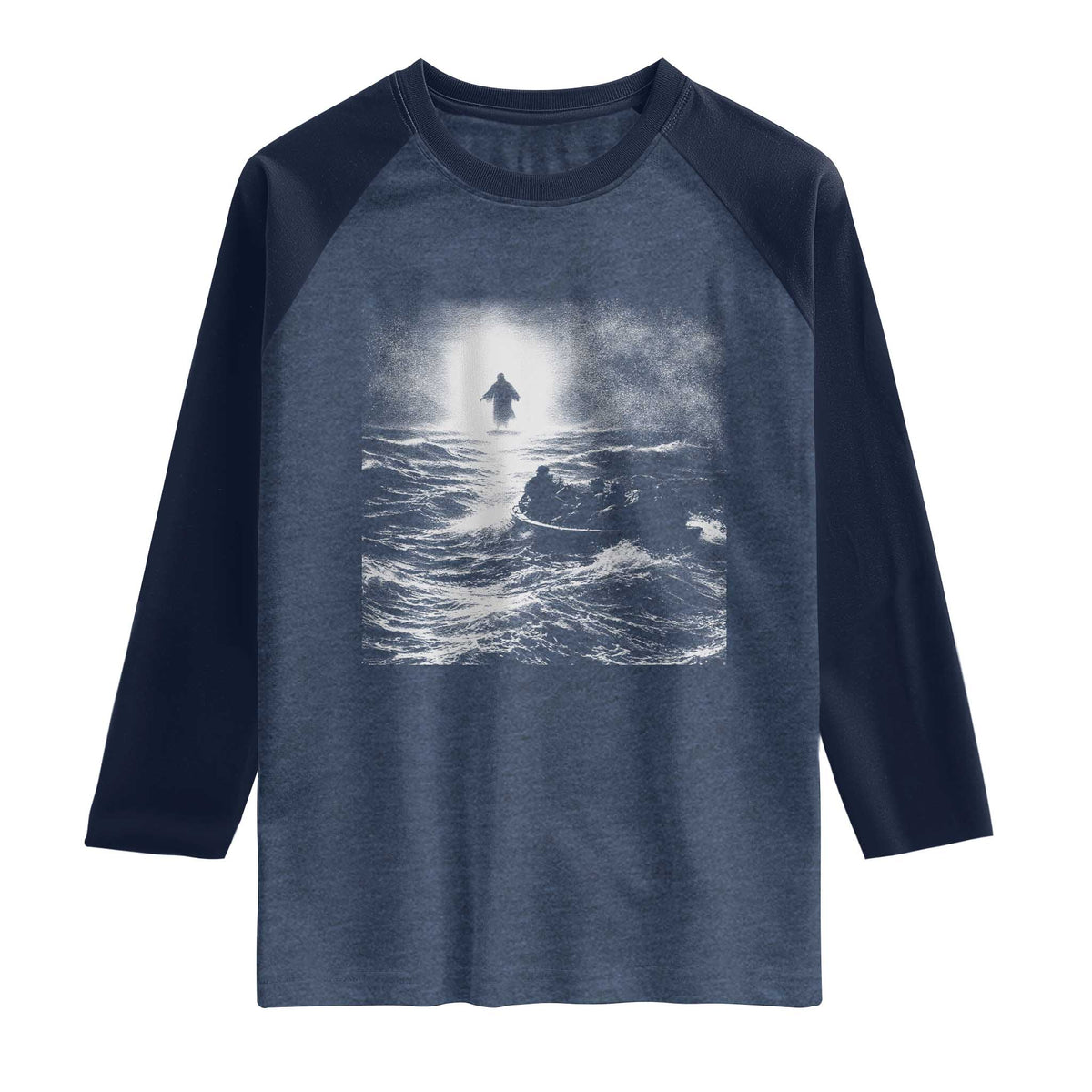 Christian Faith Raglan Shirt Walk On Water Distressed Bible Verse TS10 Heather Denim Navy Print Your Wear